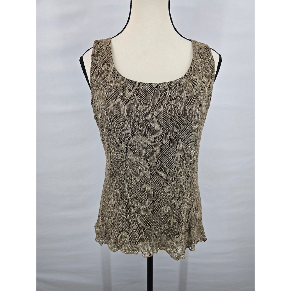 Spencer Alexis Gold Metallic Lace Sleeveless Top Floral Mesh Scoop Neck Medium